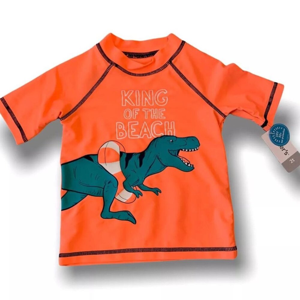 2T Carter's Boys Rashgaurd‎ Swim Shirt Neon Orange Dinosaur UPF 50+